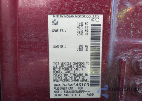 2010 Nissan Altima 2.5 S z USA, uszkodzony, nr VIN 1N4AL2AP2AN546103